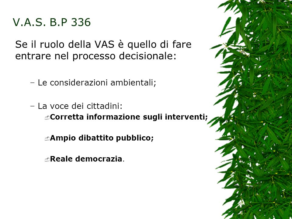 V.A.S. B.P 336 Se il ruolo della VAS è quello di fare entrare nel processo decisionale: Le considerazioni ambientali;