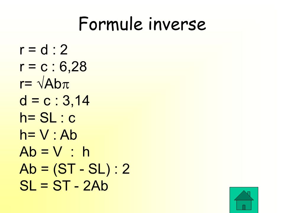 Formule inverse r = d : 2 r = c : 6,28 r= Ab d = c : 3,14 h= SL : c