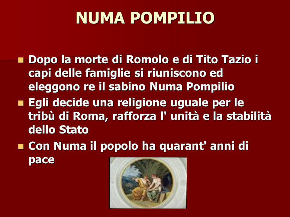 NUMA POMPILIO Dopo la morte di Romolo e di Tito Tazio i capi delle famiglie si riuniscono ed eleggono re il sabino Numa Pompilio.