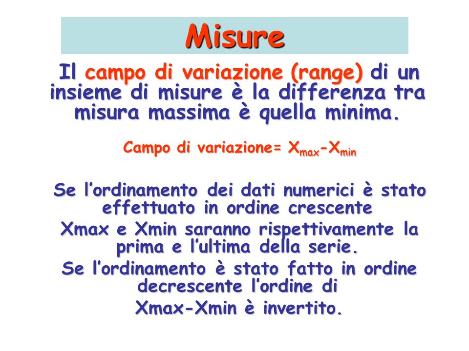 Misure Il campo di variazione (range) di un insieme di misure è la differenza tra misura massima è quella minima.