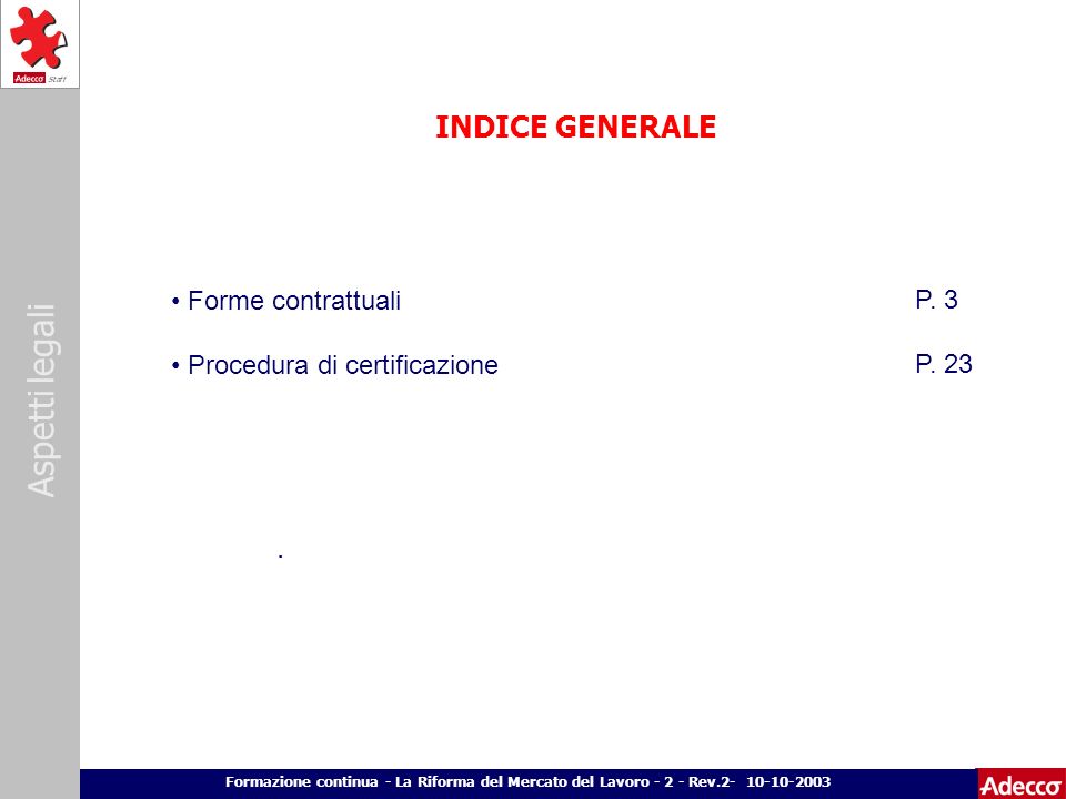 INDICE GENERALE Forme contrattuali P. 3 Procedura di certificazione