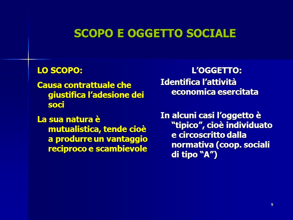 SCOPO E OGGETTO SOCIALE