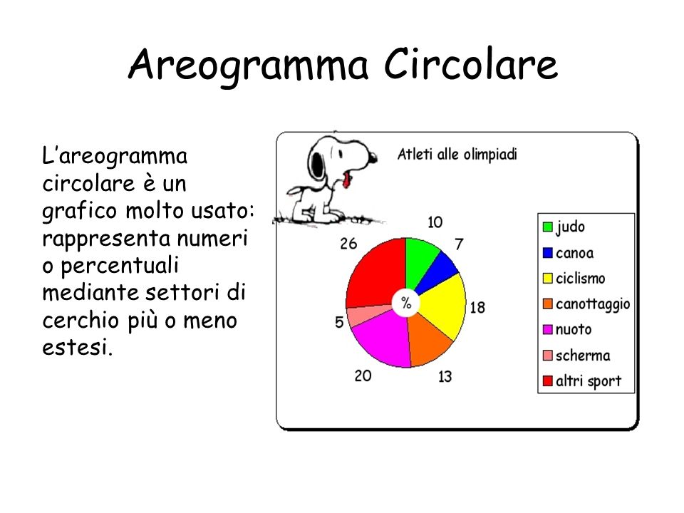Areogramma Circolare L’areogramma circolare è un grafico molto usato: rappresenta numeri o percentuali mediante settori di cerchio più o meno estesi.