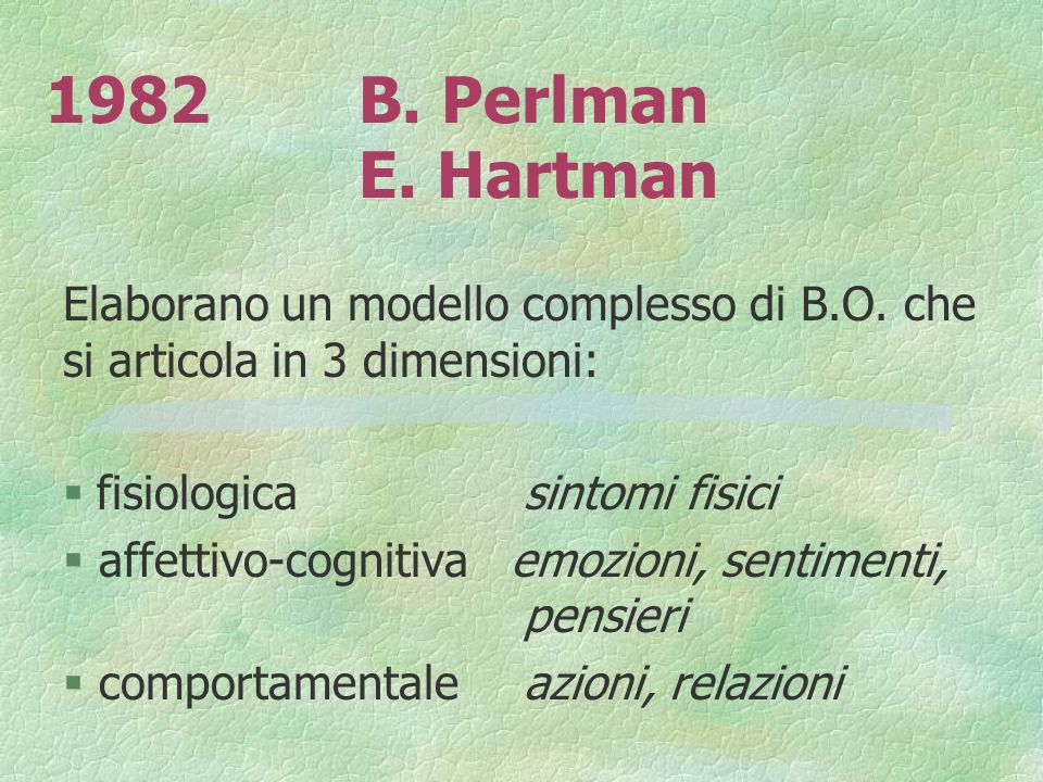 1982 B. Perlman E. Hartman Elaborano un modello complesso di B.O. che si articola in 3 dimensioni: