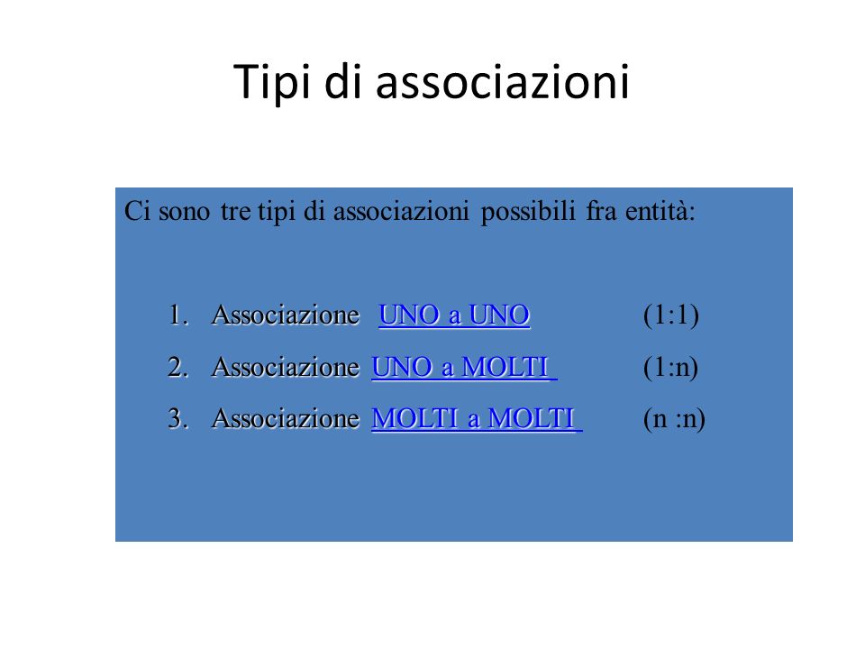 Tipi di associazioni Ci sono tre tipi di associazioni possibili fra entità: Associazione UNO a UNO (1:1)