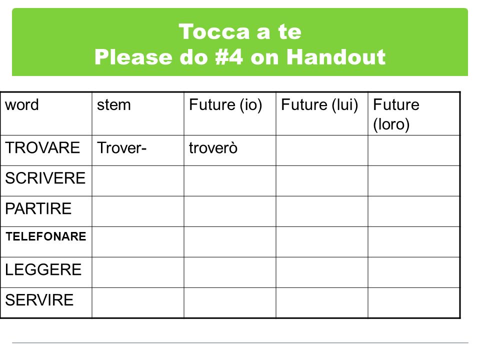 Tocca a te Please do #4 on Handout