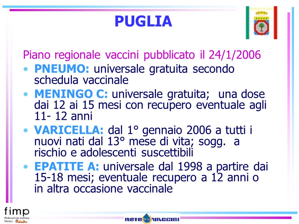 PUGLIA Piano regionale vaccini pubblicato il 24/1/2006