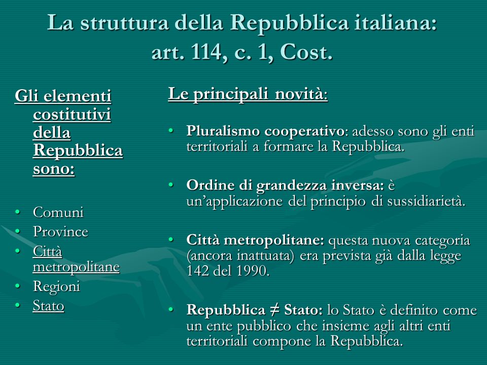 La struttura della Repubblica italiana: art. 114, c. 1, Cost.