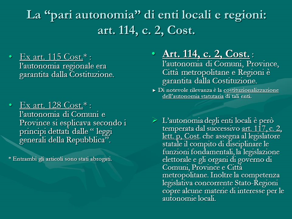 La pari autonomia di enti locali e regioni: art. 114, c. 2, Cost.