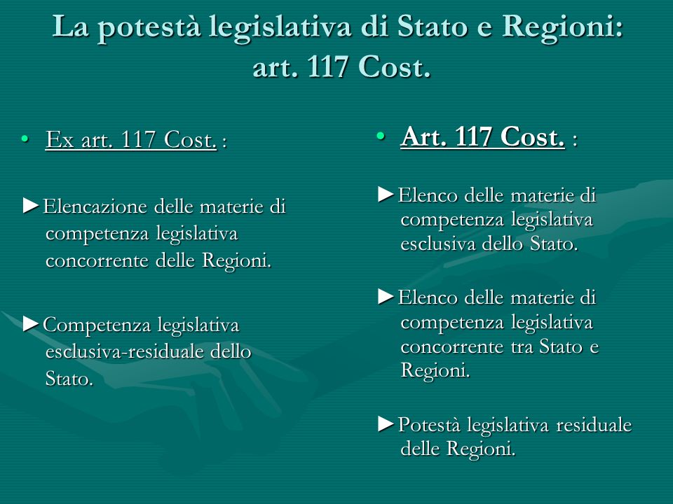 La potestà legislativa di Stato e Regioni: art. 117 Cost.