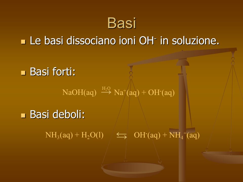 Basi Le basi dissociano ioni OH- in soluzione. Basi forti: