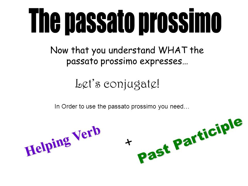 Past Participle Helping Verb + The passato prossimo Let’s conjugate!
