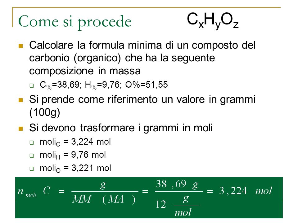 CxHyOz Come si procede. Calcolare la formula minima di un composto del carbonio (organico) che ha la seguente composizione in massa.