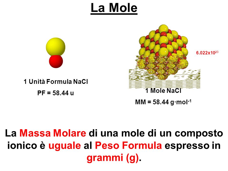La Mole 1 Unità Formula NaCl. PF = u. 1 Mole NaCl. MM = g∙mol x1023.