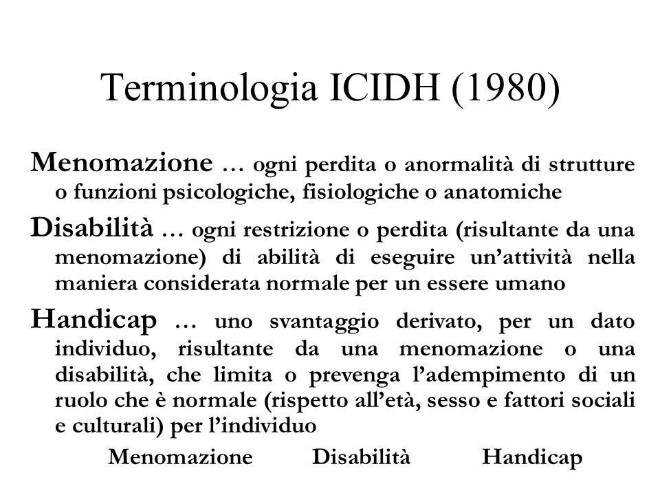 Terminologia ICIDH (1980) Menomazione … ogni perdita o anormalità di strutture o funzioni psicologiche, fisiologiche o anatomiche.