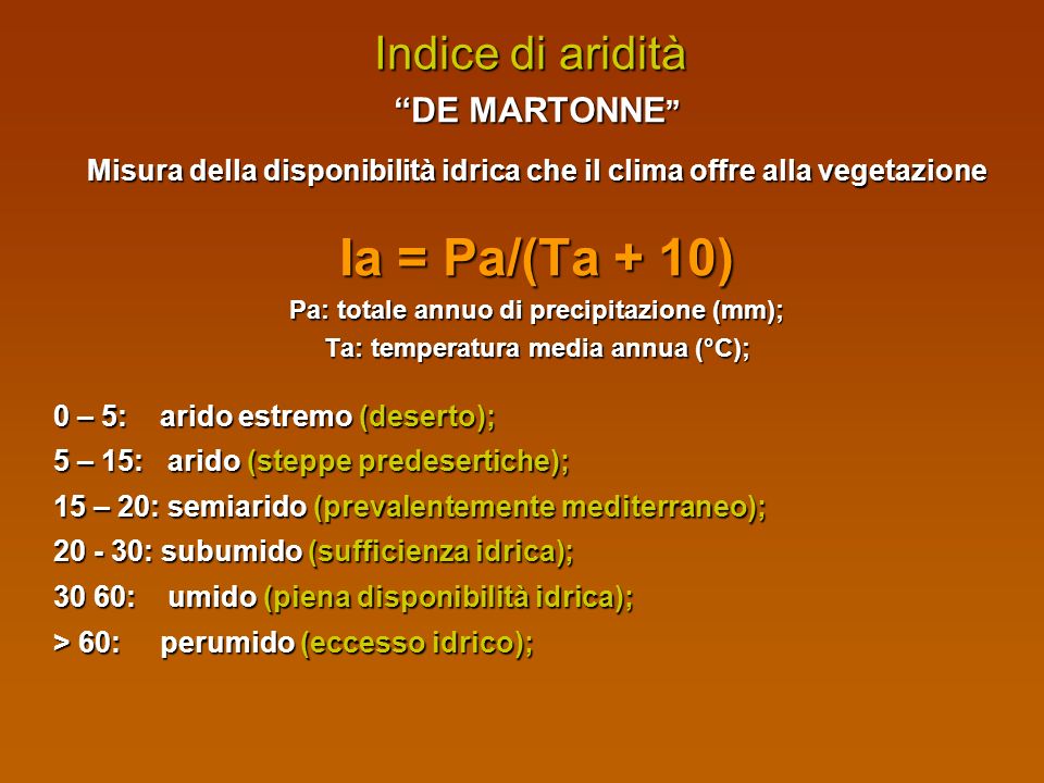 Ia = Pa/(Ta + 10) Indice di aridità DE MARTONNE