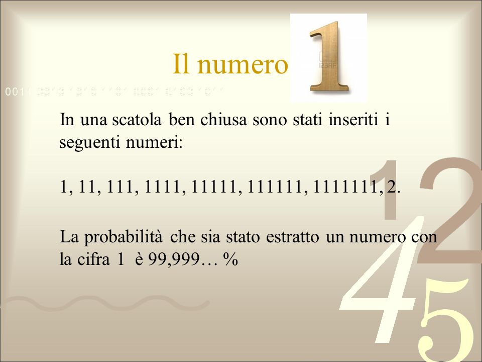 Il numero 1 In una scatola ben chiusa sono stati inseriti i seguenti numeri: 1, 11, 111, 1111, 11111, , , 2.