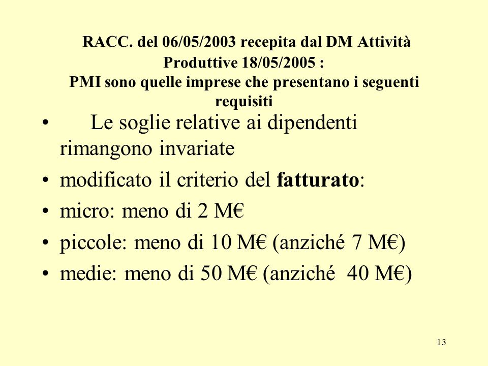 RACC. del 06/05/2003 recepita dal DM Attività Produttive 18/05/2005 : PMI sono quelle imprese che presentano i seguenti requisiti
