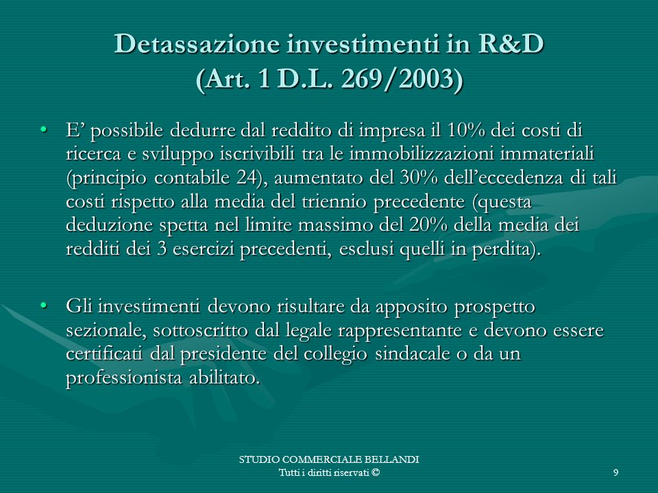 Detassazione investimenti in R&D (Art. 1 D.L. 269/2003)