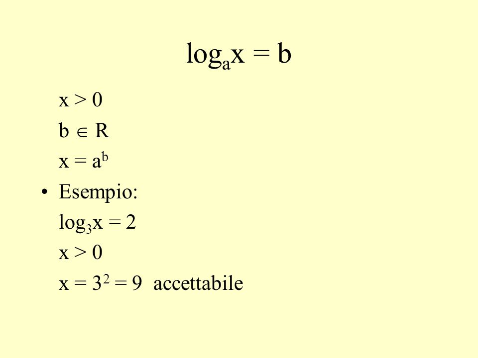 logax = b x > 0 b  R x = ab Esempio: log3x = 2