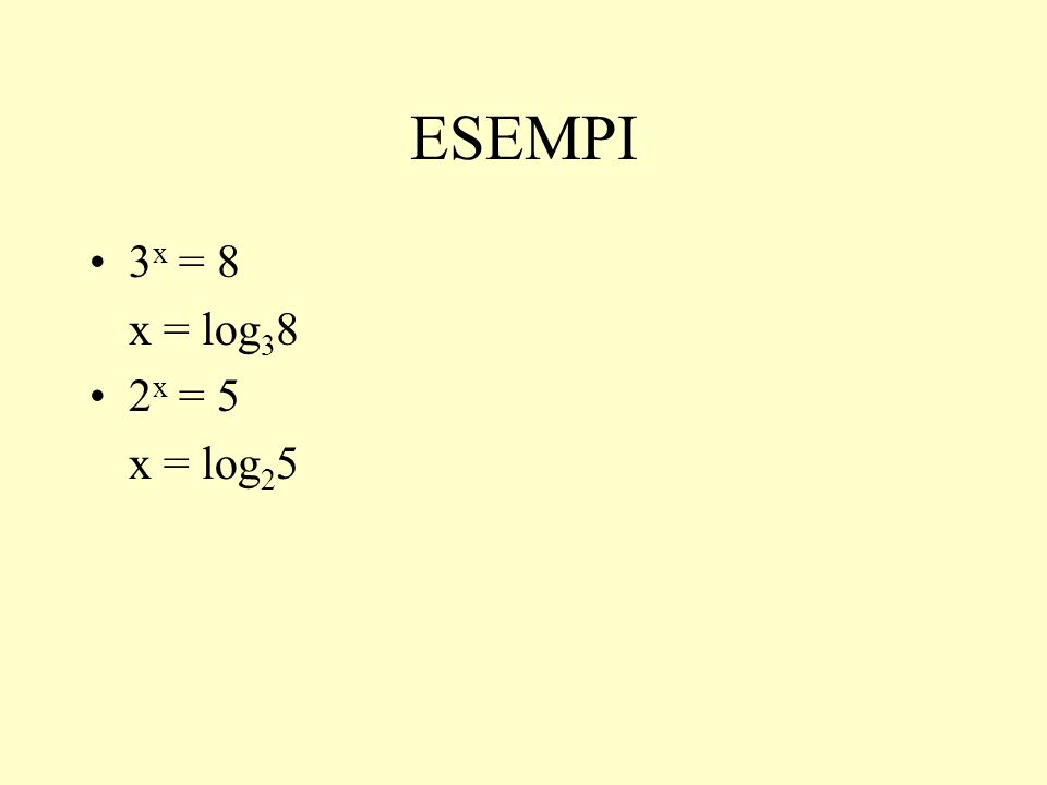 ESEMPI 3x = 8 x = log38 2x = 5 x = log25