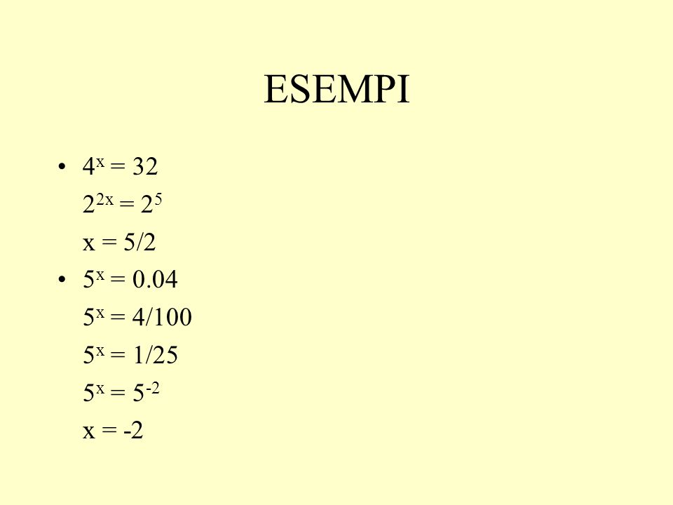 ESEMPI 4x = 32 22x = 25 x = 5/2 5x = x = 4/100 5x = 1/25