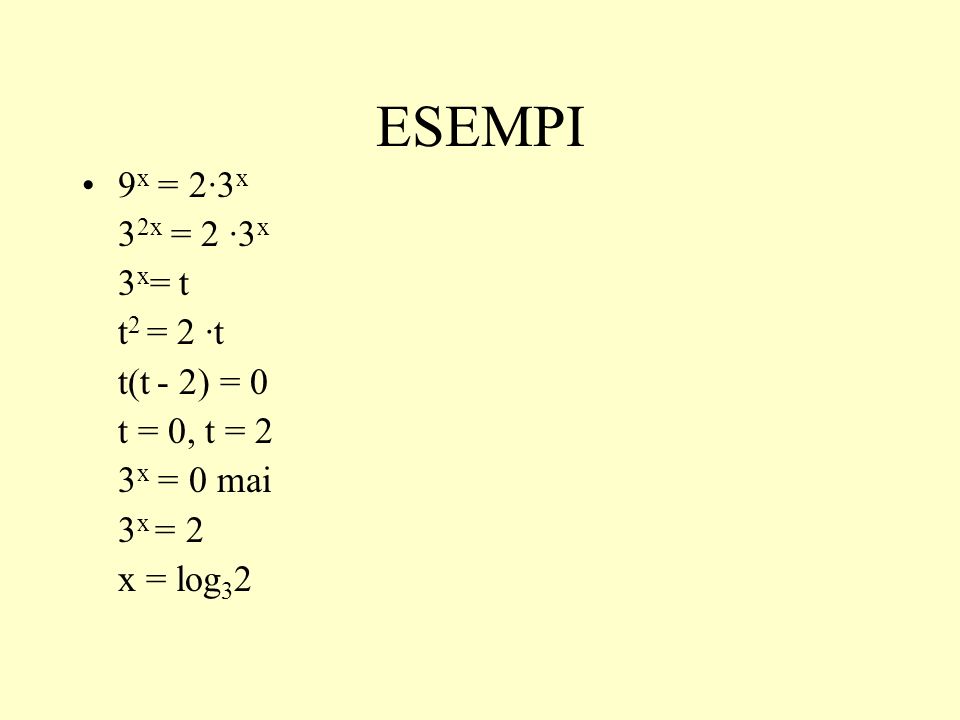 ESEMPI 9x = 2·3x 32x = 2 ·3x 3x= t t2 = 2 ·t t(t - 2) = 0 t = 0, t = 2