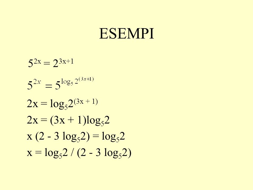 ESEMPI 52x = 23x+1 2x = log52(3x + 1) 2x = (3x + 1)log52
