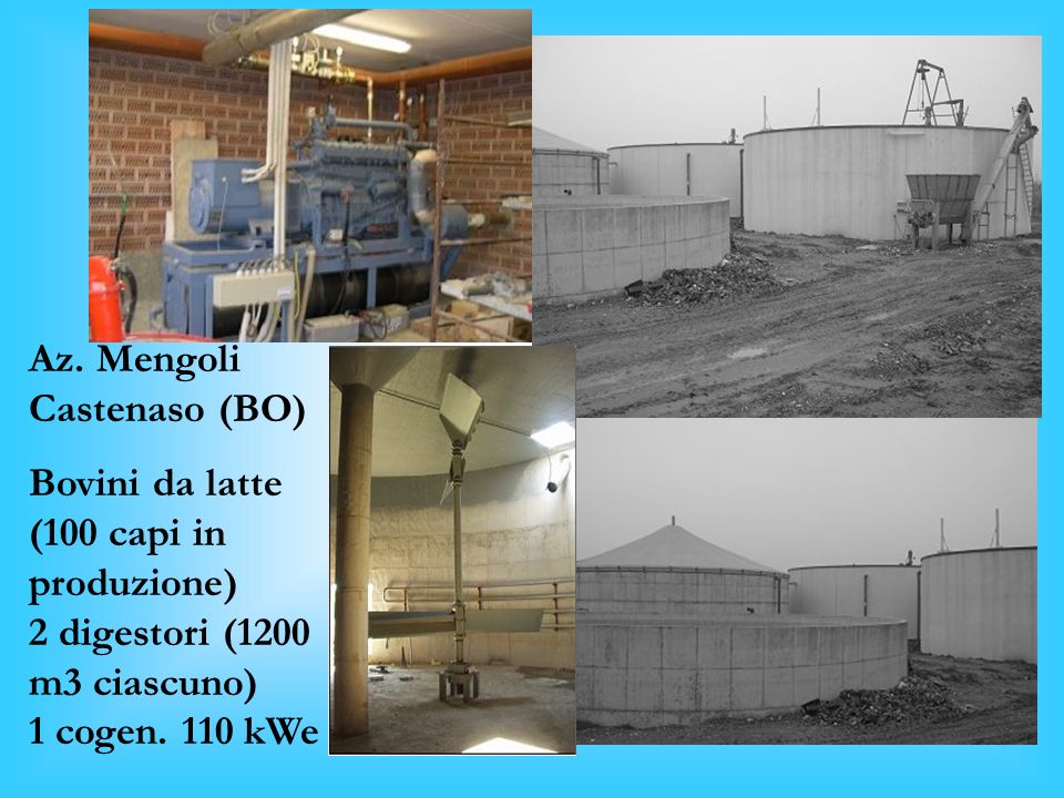 Az. Mengoli Castenaso (BO) Bovini da latte (100 capi in produzione) 2 digestori (1200 m3 ciascuno)