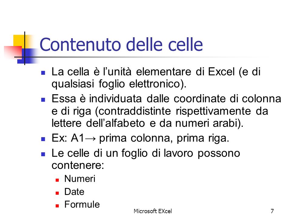 Contenuto delle celle La cella è l’unità elementare di Excel (e di qualsiasi foglio elettronico).