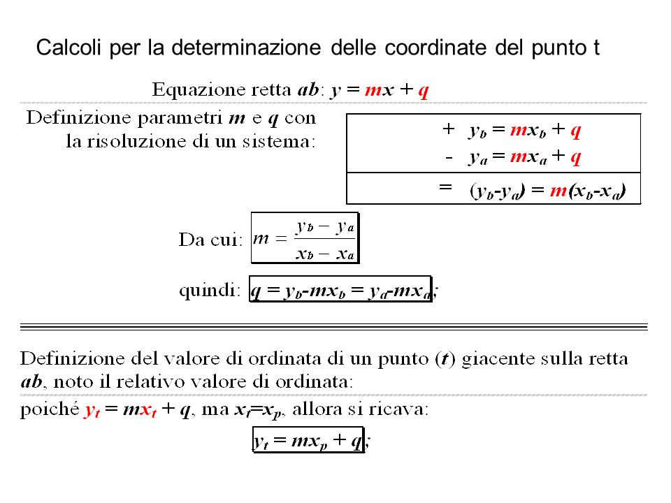 Calcoli per la determinazione delle coordinate del punto t