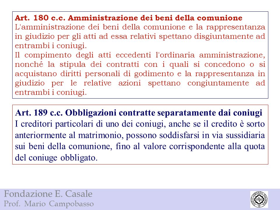 Art. 189 c.c. Obbligazioni contratte separatamente dai coniugi