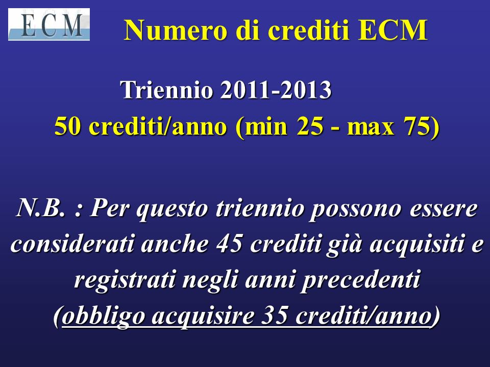 50 crediti/anno (min 25 - max 75) (obbligo acquisire 35 crediti/anno)