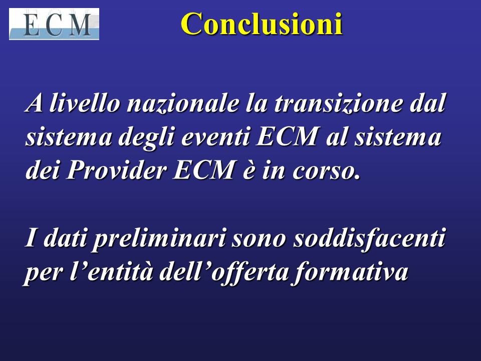 Conclusioni A livello nazionale la transizione dal sistema degli eventi ECM al sistema dei Provider ECM è in corso.