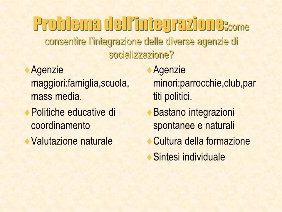 Problema dell’integrazione:come consentire l’integrazione delle diverse agenzie di socializzazione