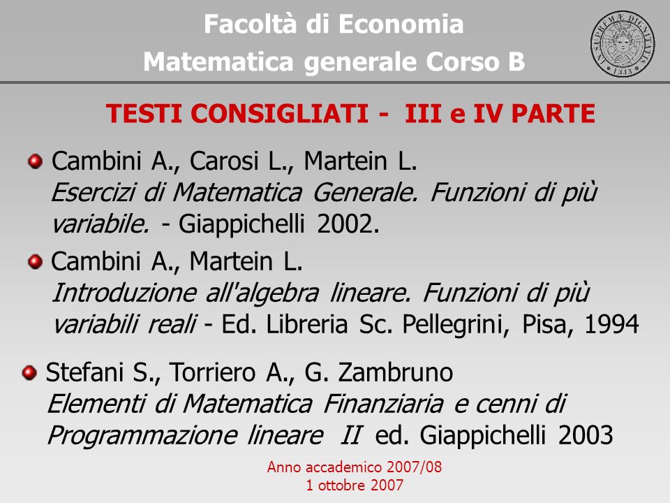 Matematica generale Corso B TESTI CONSIGLIATI - III e IV PARTE