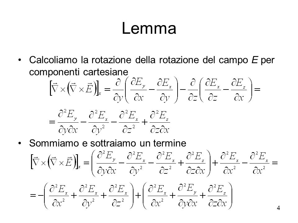 Lemma Calcoliamo la rotazione della rotazione del campo E per componenti cartesiane.