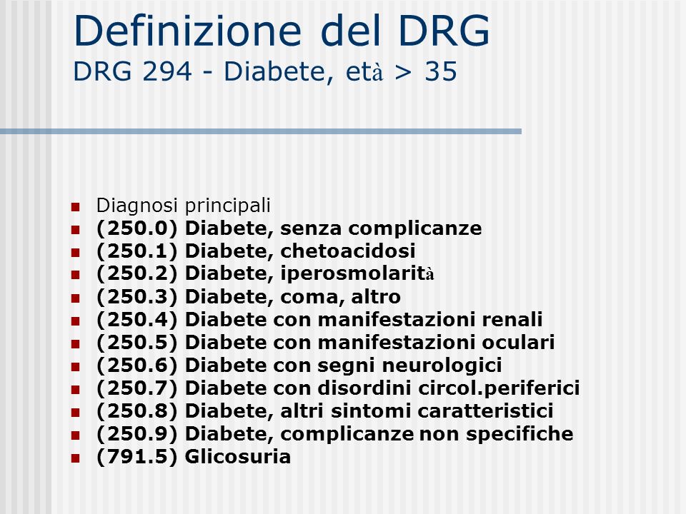 Definizione del DRG DRG Diabete, età > 35