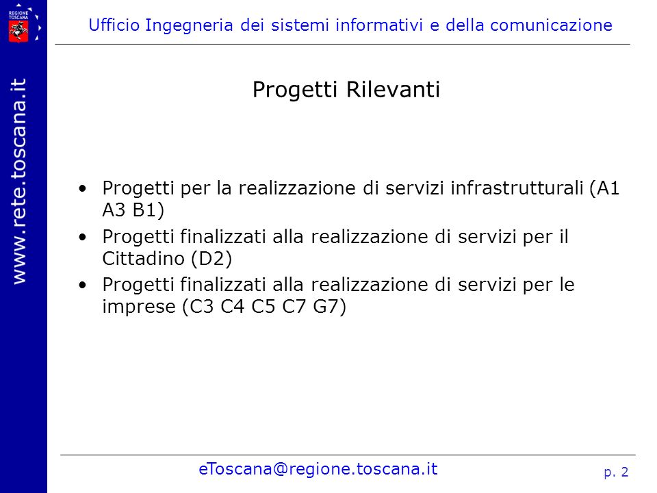 Progetti Rilevanti Progetti per la realizzazione di servizi infrastrutturali (A1 A3 B1)