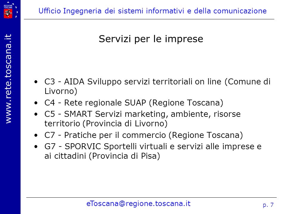 Servizi per le imprese C3 - AIDA Sviluppo servizi territoriali on line (Comune di Livorno) C4 - Rete regionale SUAP (Regione Toscana)