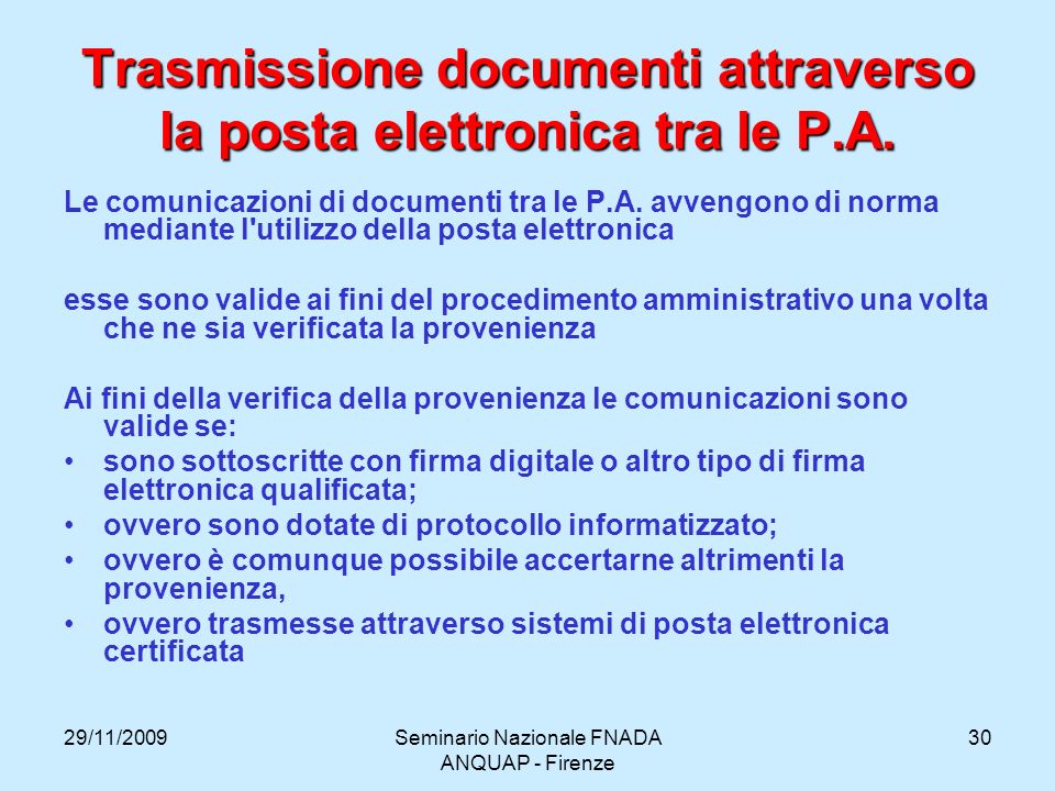 Trasmissione documenti attraverso la posta elettronica tra le P.A.