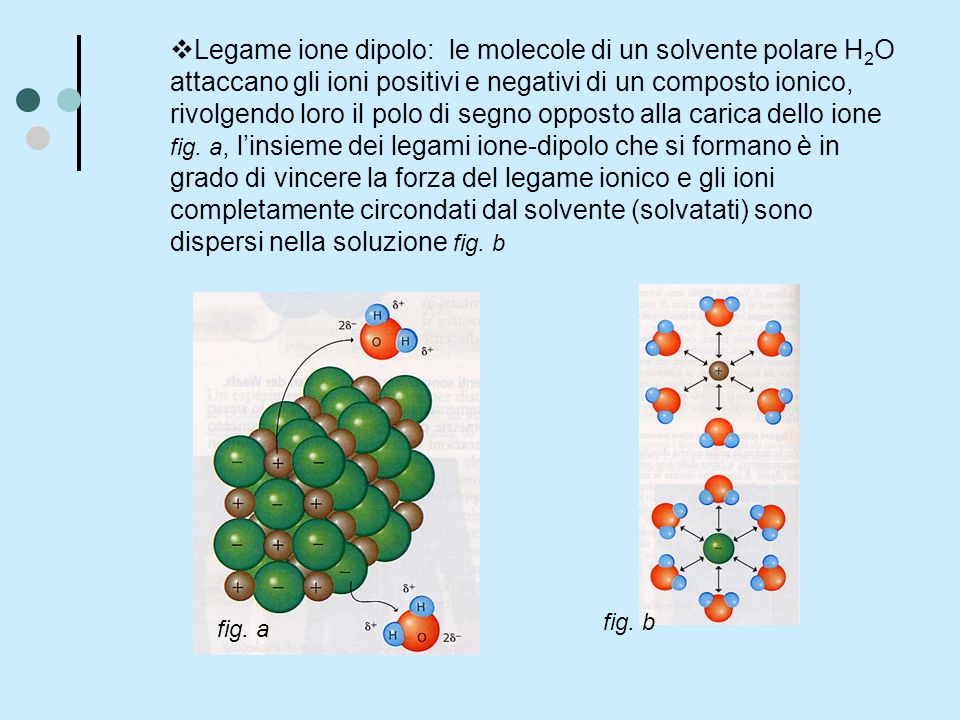 Legame ione dipolo: le molecole di un solvente polare H2O attaccano gli ioni positivi e negativi di un composto ionico, rivolgendo loro il polo di segno opposto alla carica dello ione fig. a, l’insieme dei legami ione-dipolo che si formano è in grado di vincere la forza del legame ionico e gli ioni completamente circondati dal solvente (solvatati) sono dispersi nella soluzione fig. b