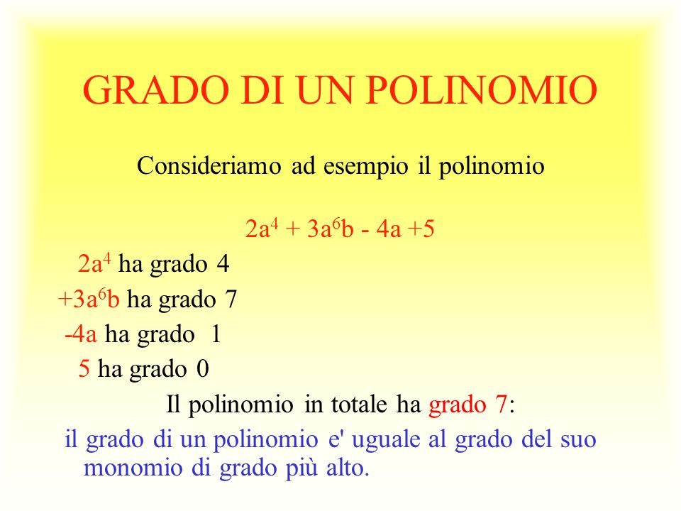 GRADO DI UN POLINOMIO Consideriamo ad esempio il polinomio