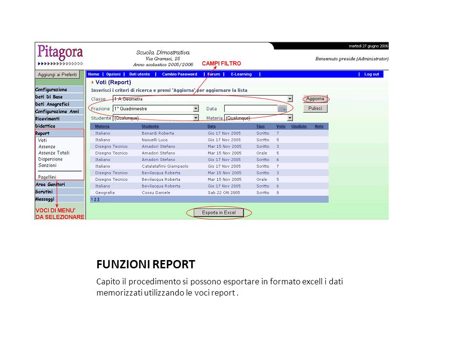 FUNZIONI REPORT Capito il procedimento si possono esportare in formato excell i dati memorizzati utilizzando le voci report .