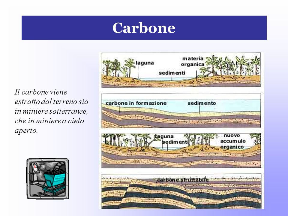 Carbone Il carbone viene estratto dal terreno sia in miniere sotterranee, che in miniere a cielo aperto.
