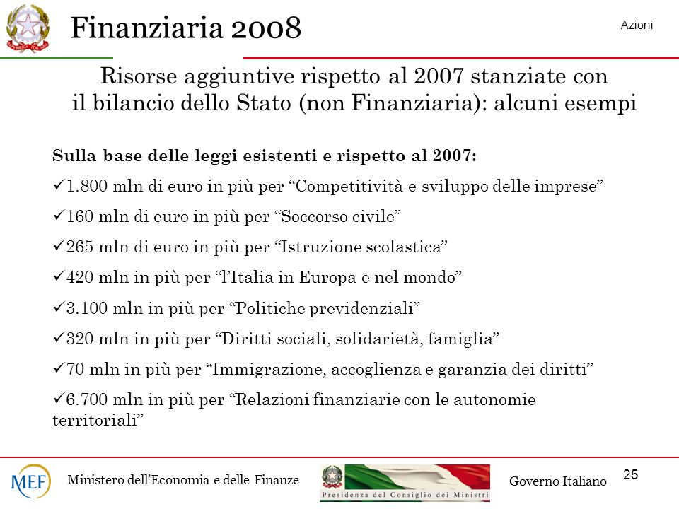 Azioni Risorse aggiuntive rispetto al 2007 stanziate con il bilancio dello Stato (non Finanziaria): alcuni esempi.
