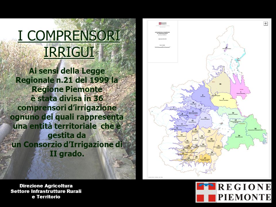 I COMPRENSORI IRRIGUI Ai sensi della Legge Regionale n.21 del 1999 la Regione Piemonte.