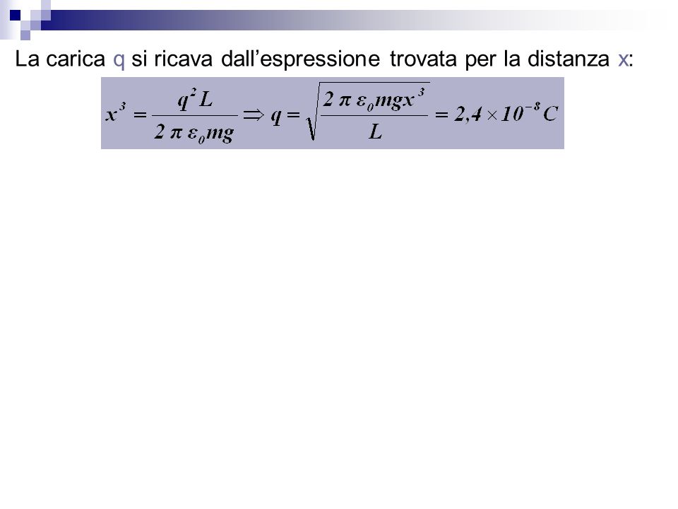La carica q si ricava dall’espressione trovata per la distanza x: