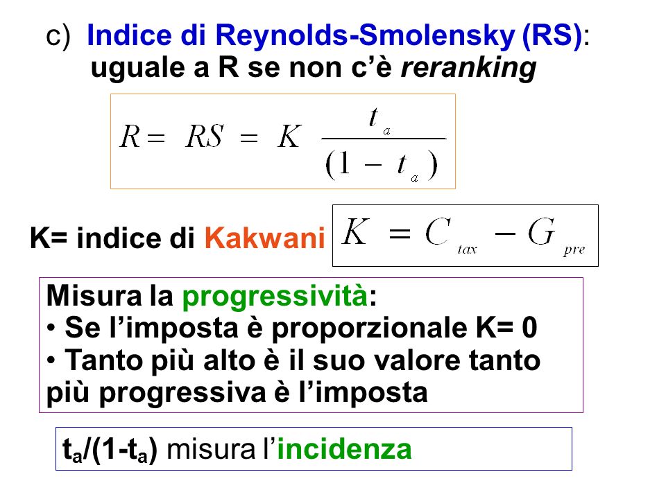c) Indice di Reynolds-Smolensky (RS): uguale a R se non c’è reranking