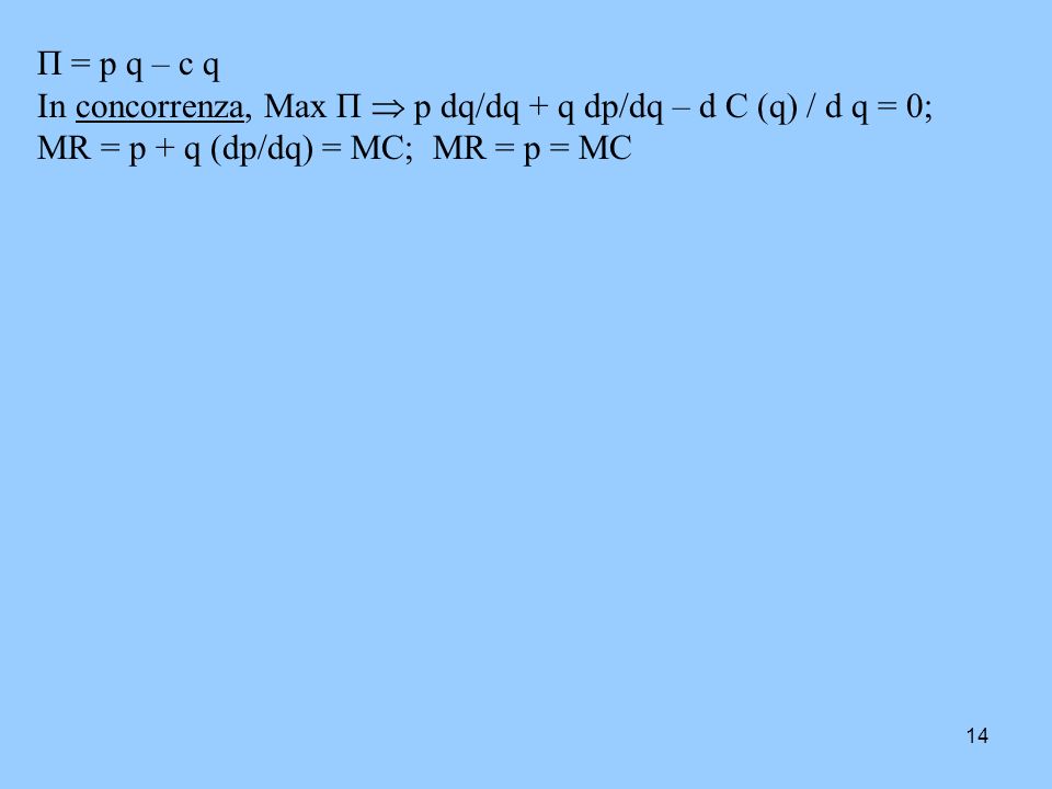 П = p q – c q In concorrenza, Max П  p dq/dq + q dp/dq – d C (q) / d q = 0; MR = p + q (dp/dq) = MC; MR = p = MC.